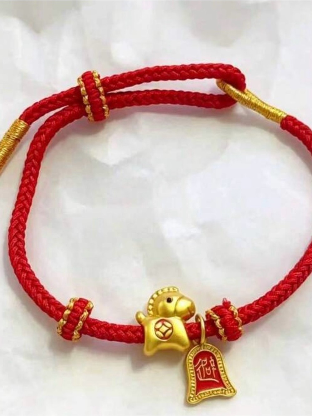 Red Cord Bracelet adjustable Gold zodiac horse prosperity amulet waterproof
